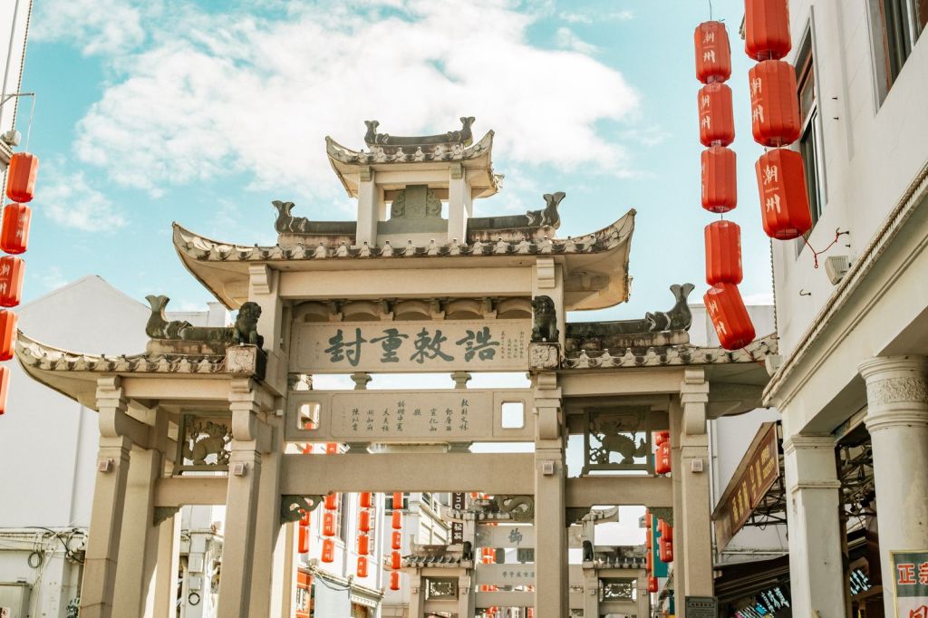 Traditional stone memorial gates on Paifang Street in Chaozhou, China
